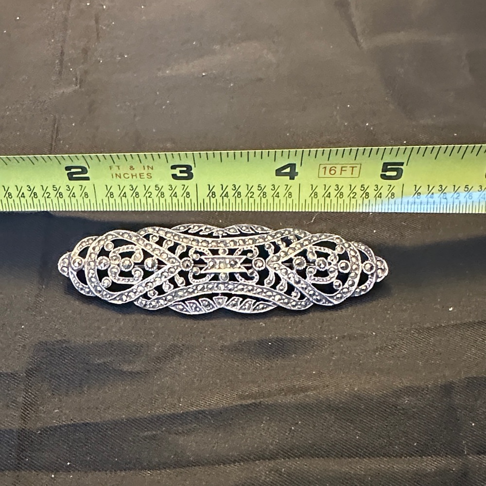 Vintage Art Deco Sterling Marcasite Intricate Filigree Bar Pin Brooch - Picture 7 of 7